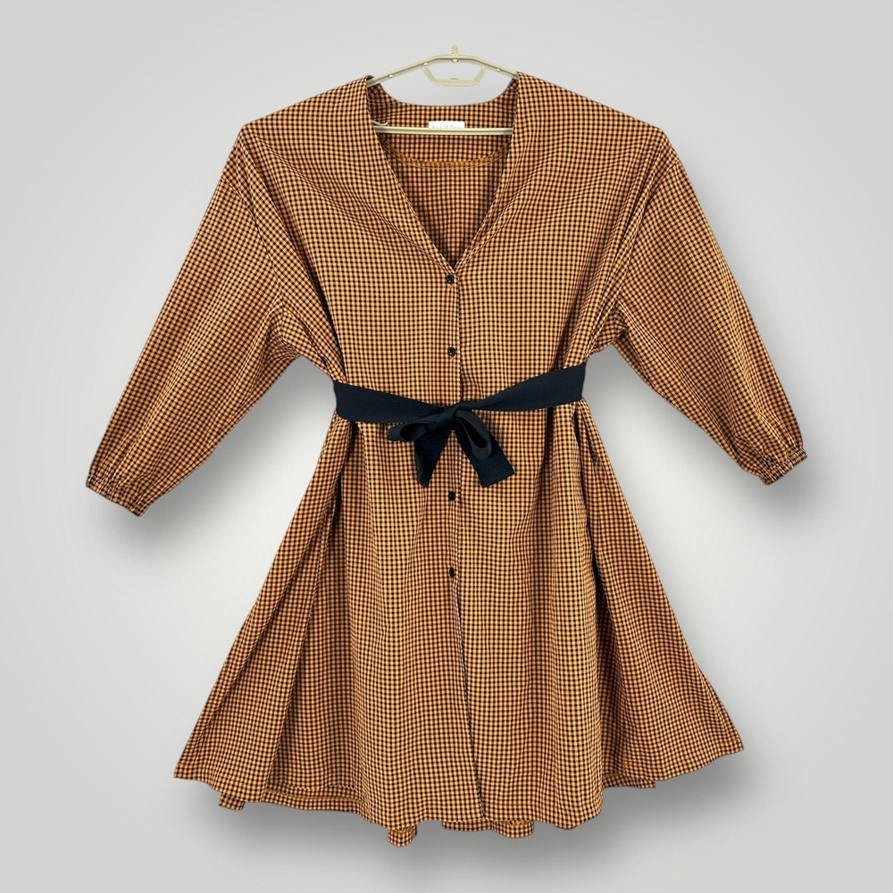 ELLAZHU Dress Womens One‎ Size Orange Black Gingham Boho Shirt Dress Cottagecore